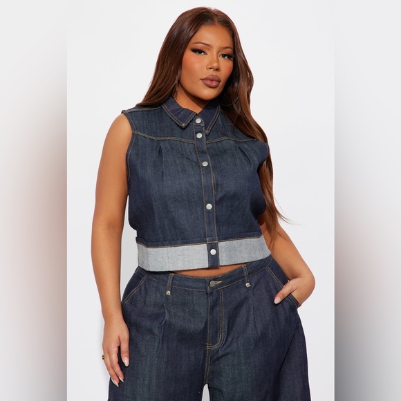 Fashion Nova Dark Blue denim Wide Leg Jean Set - Picture 2 of 5